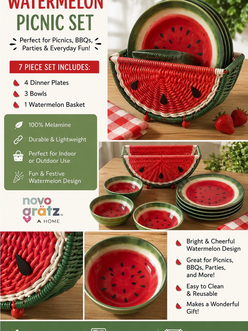 Nova Gratz Watermelon Melamine Dinnerware Set - Red & Green